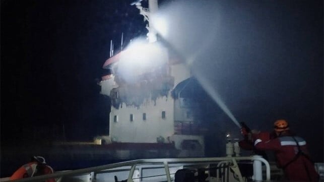 Ukraine fighting a fire on a ship struck by Russia