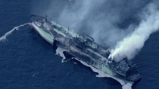 fire damaged Russian gas carrier