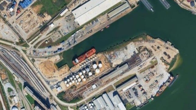 The BWC chemical tank terminal just off the ship channel in Jacintoport, center (Courtesy Google / Maxar / Vexcel / Airbus)