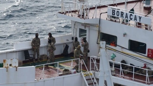French military personnel board the Russia-linked tanker Boracay after an incident off Denmark, 2025 (French General Staff)