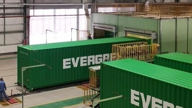 New containers for Taiwanese carrier Evergreen come off the CIMC production line, 2020, during the period of the alleged conspiracy (CIMC)