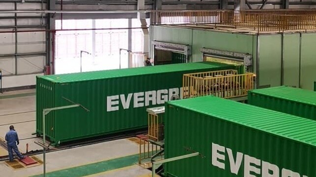 New containers for Taiwanese carrier Evergreen come off the CIMC production line, 2020, during the period of the alleged conspiracy (CIMC)