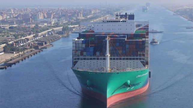 containership in convoy in the Suez Canal