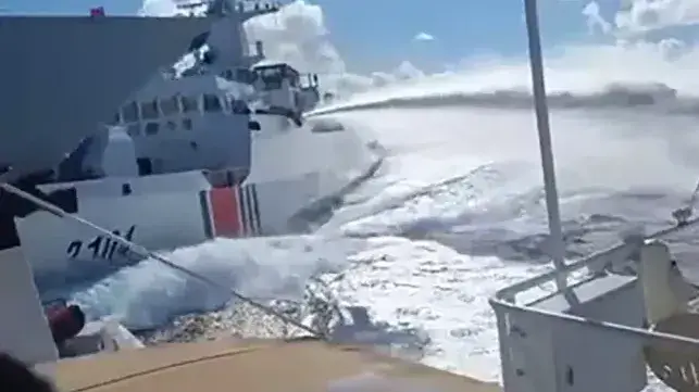 A China Coast Guard cutter interacts with PLA Navy and Philippine vessels near Scarborough Shoal, 2025 (courtesy PCG)