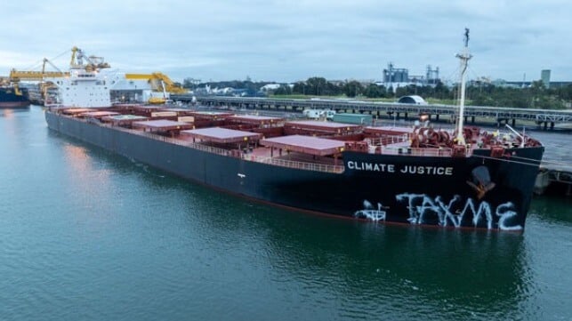 climate activists marked the hull of the ship