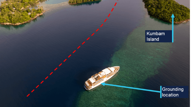 Coral Adventurer's grounding location and planned trackline, red (ATSB)