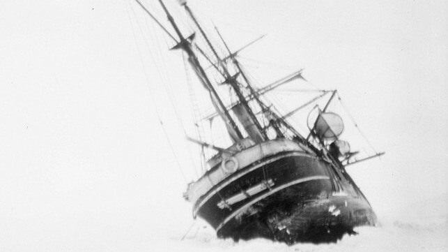 Endurance heeled over by heavy ice pressure (National Maritime Museum / public domain)
