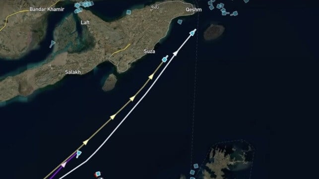 Bulkers head for the "toll booth" between Qeshm and Larak, April 8 (Windward)