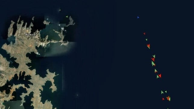 False AIS signals purporting to show traffic to and from the Strait of Hormuz, March 9. Real traffic could resume soon, under the right conditions (MarineTraffic)