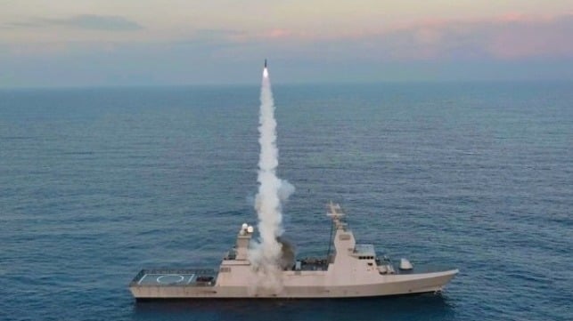 A Sa'ar-6-class corvette conducts a missile test launch. Israel is maintaining a naval presence of Sa'ar-6-class corvettes in the Red Sea (IDF file image)