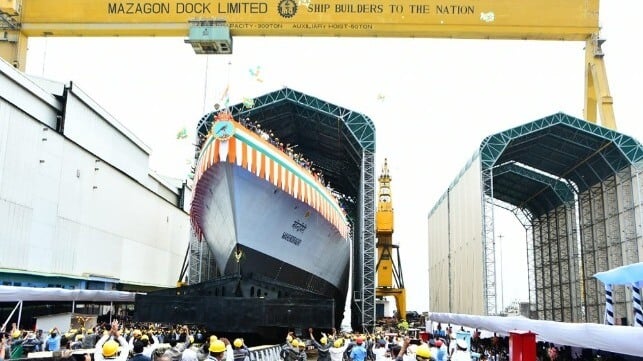 A new P-17A class frigate, Mahendragiri, at launch at Mazagon Dock (Gov't of India)