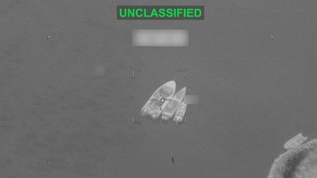 A missile approaches three IRGC attack boats, July 7 (U.S. Central Command)
