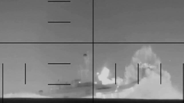 IRIS Dena's stern lifted and broken by a U.S. Navy heavyweight torpedo, March 4 (USN)