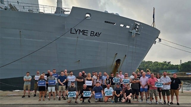 officers and ratings on strike in front of RFA ship Lyme Bat