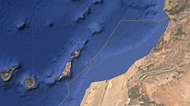 Njm Al Shamal's trackline during the casualty voyage: a diversion towards the Canary Islands, lower left, then interdiction and diversion to Morocco, upper right (Pole Star Global)