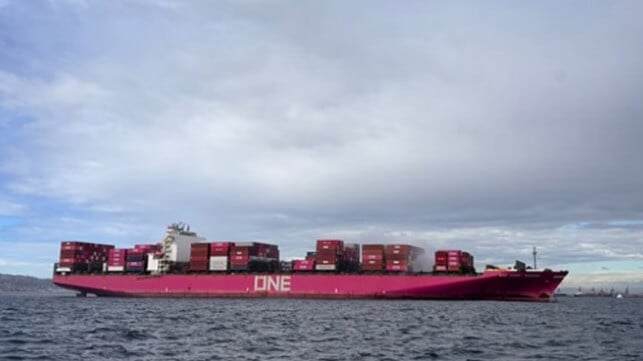 containership anchored after fire