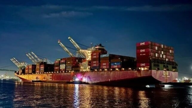damaged containership at Los Angeles dock