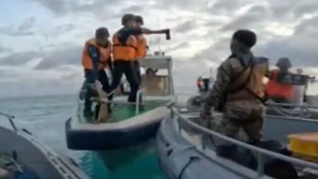 In this low-resolution screen capture, a China Coast Guard servicemember threatens a Philippine soldier with an axe, June 17 (AFP)