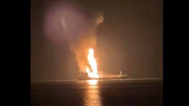 Fire aboard the aging LPG carrier Captain Nikolas, which was allegedly carrying a sanctioned Iranian cargo (Bangladeshi social media)