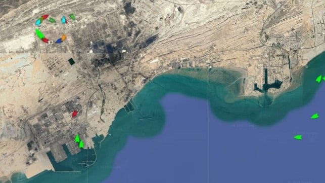 AIS signals from a dozen vessels circle over the Persian Gulf Star Refinery near Bandar Abbas, top left, June 26 (Pole Star)
