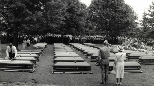 USS Serpens crew?s caskets arrive at Arlington National Cemetery from Guadalcanal in 1949. U.S. Coast Guard photo.