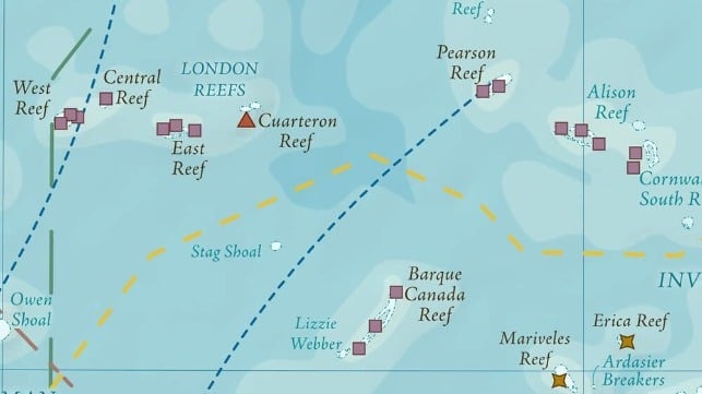 Barque Canada Reef, bottom center, is south of China's main bases in the Spratly Islands (U.S. State Department)