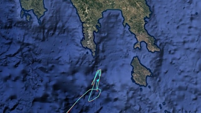 Vilamoura (red) and Boka Summit (blue) loiter outside Laconia Bay, July 3 (Pole Star)