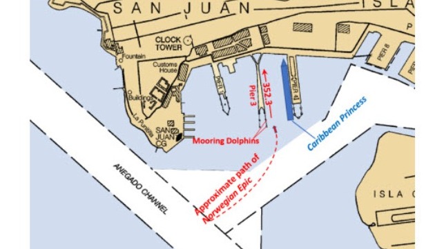 Berthing area and approximate path of the Norwegian Epic. The Caribbean Princess is not to scale. (Background source: NOAA chart 25670)