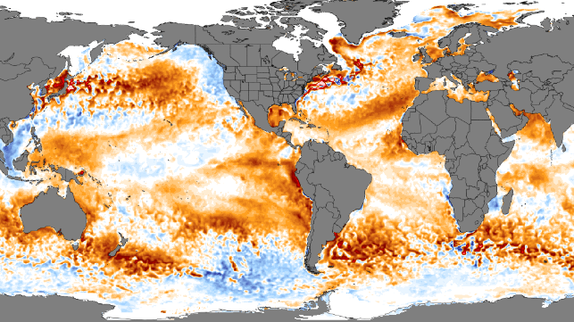Surface temperature anomalies at the start of a yearlong wave of record average ocean temps, March 2023 (NOAA)