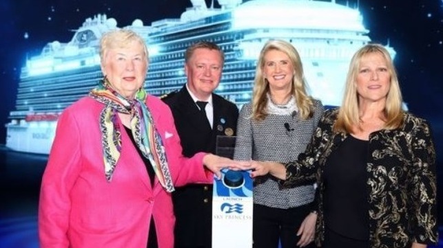 Poppy Northcutt, Captain Heikki Laakkonen, Captain Kay Hire and Princess Cruises President Jan Swartz celebrate the christening of Sky Princess during the naming ceremony in Fort Lauderdale, Florida