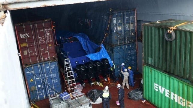 Containers of contraband and a four-engined go-fast boat in the hold of the Kokoo (ABF)