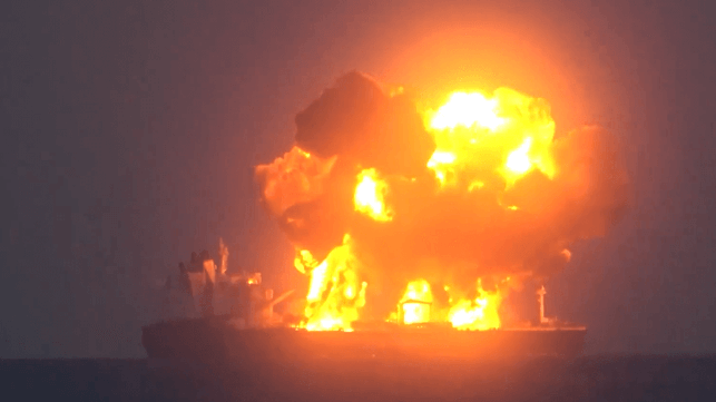 Explosions aboard the tanker Sounion after it was disabled and boarded by Houthi forces (Houthi Military Media)