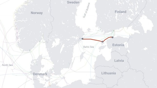 Sweden-Estonia EE-S 1 cable, bright red, and other subsea telecom cables in the Baltic (Telegeography / CC BY SA 4.0)