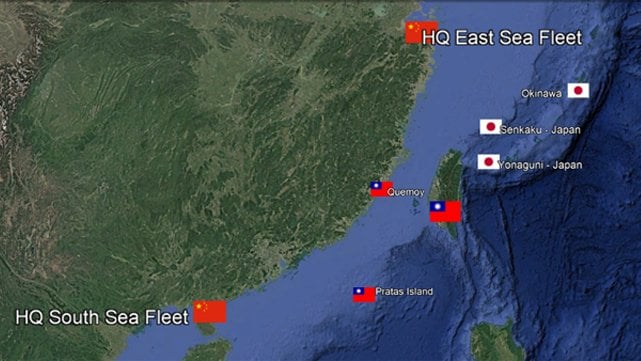 Map showing Japan's placements relative to China and Taiwan
