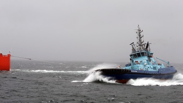 Photo: Østensjø Rederi, Norway: Østensjø Rederi’s Ajax, VS escort tug, performing DNV full scale escort trials.
