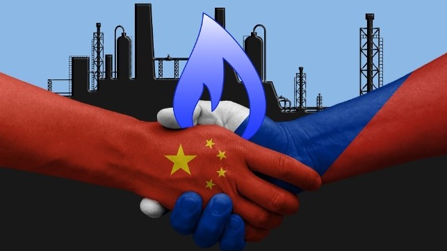 stylized handshake with Russian and Chinese flag colors and petroleum symbology