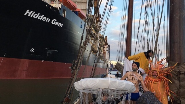 Allseas deep sea mining vessel Hidden Gem with elaborately-costumed protesters alongside in a sailing vessel