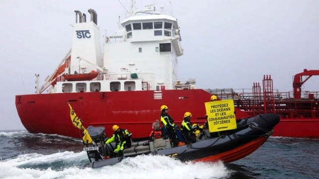 Greenpece intercepts tanker in English Channel to protest fish oil imports 
