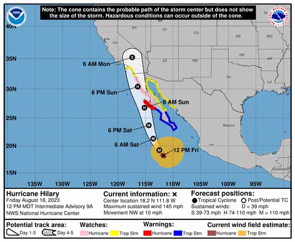 Huriccane Hilary forecast map