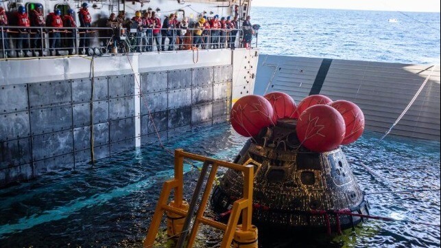 Artemis capsule in well deck of USS Portland