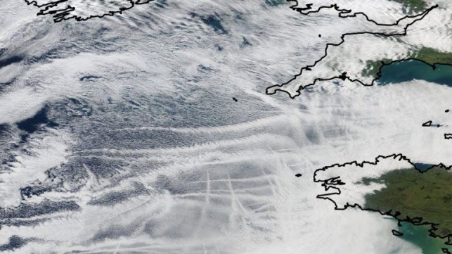 Satellite images of the ship tracks near Cornwall, in southwest England. Credit: Edward Gryspeerdt, with data from NASA