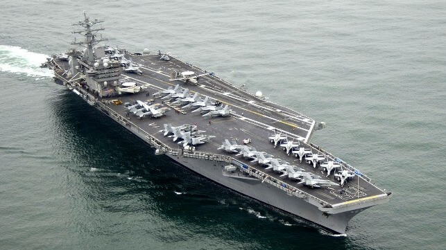 USS Nimitz under way with a full air wing on deck