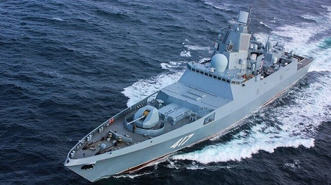 Russian navy frigate under way