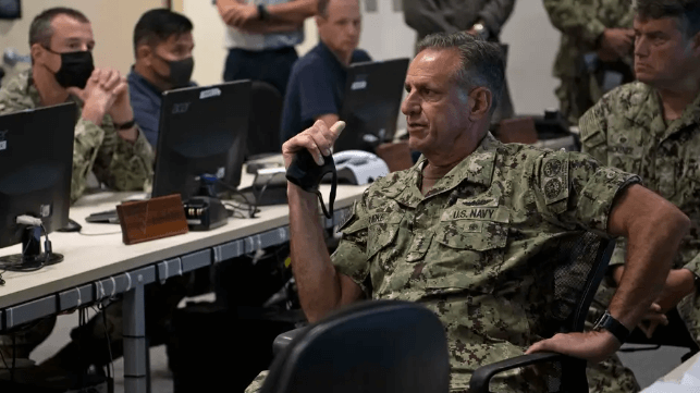 Then-Commander Naval Forces Europe and Africa Adm. Robert Burke (foreground) in Sigonella, Italy, September 2021 (USN file image)