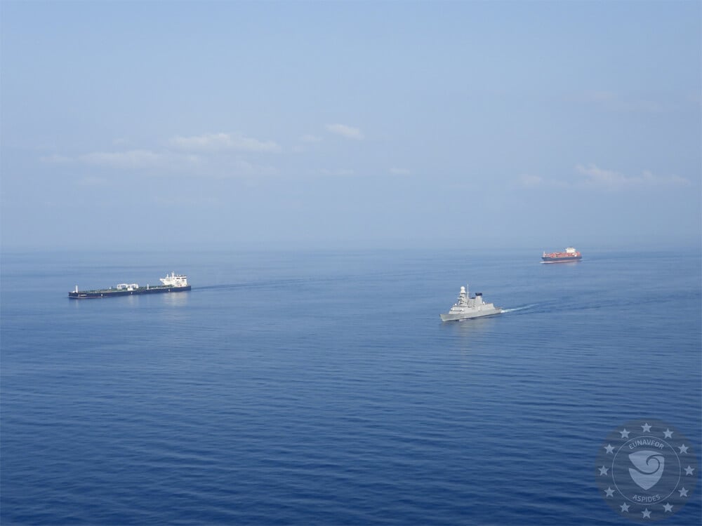 A European warship escorts vessel traffic through the Red Sea, 2024 (Operation Aspides)