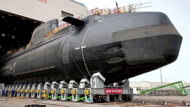 Moving an Astute-class nuclear-powered attack submarine from the BAE Systems construction hall at Barrow-in-Furness in the United Kingdom in 2014 (BAE Systems via Ministry of Defence)