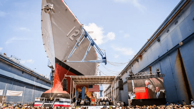 Christening ceremony for the future USS Harvey C. Barnum at Bath Iron Works last Saturday (USN)