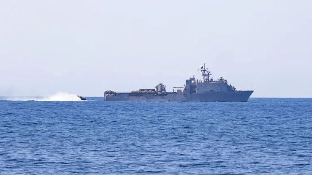 Elements of the Bataan ARG cross-deck in preparation for splitting off USS Mesa Verde, July 2023 (USN)
