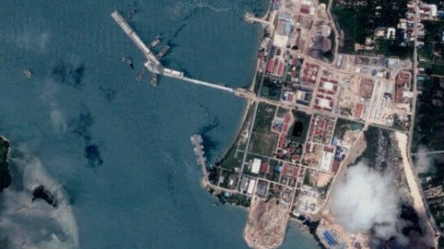 Chinese dredgers at work at a new finger pier at Ream. Land preparation for a new drydock can be seen at bottom center, along with major construction at top right (BlackSky)