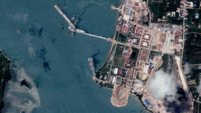Contractors have built a giant new pier (top left) and are working on a new drydock (bottom center-right) at the Ream naval base (BlackSky, July 2023)